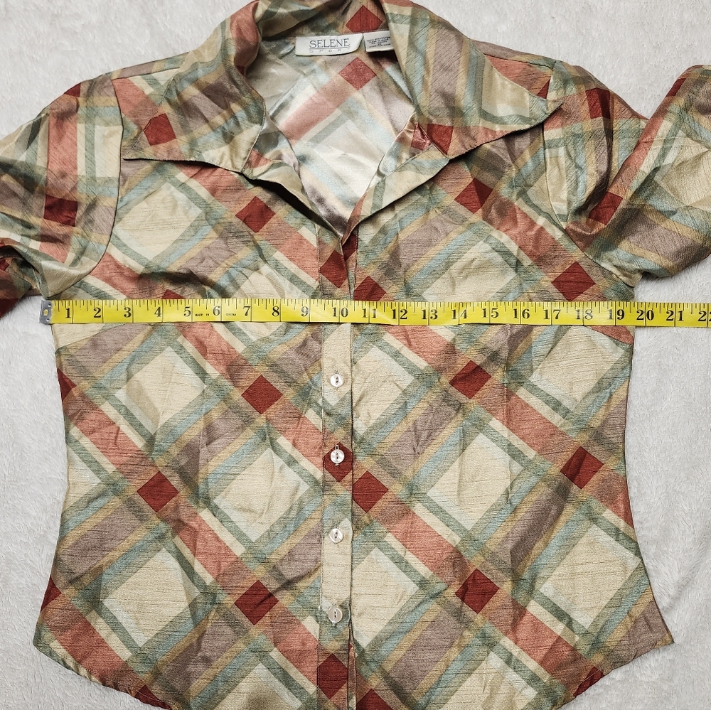 • Selene Sport Women's 3/4 Sleeve Plaid Button Up Blouse Medium Gold Multicolor - Picture 8 of 11